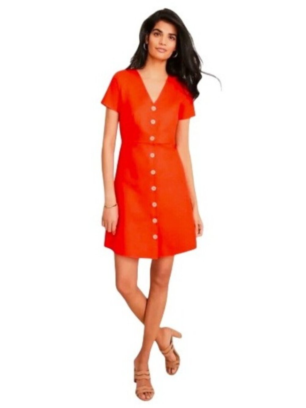 Ann Taylor Dress Womens 12P Red Linen Blend Short Sleeve V-Neck Button Front NWT